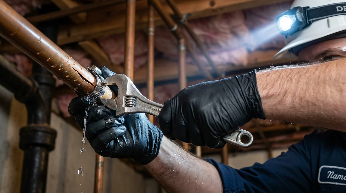 Emergency pipe clamp repair being performed by a Johns Plumbing LLC plumber in Broadway