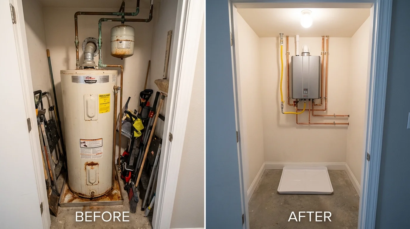 Tank water heater versus wall-mounted tankless unit comparison for Broadway, NC homeowners