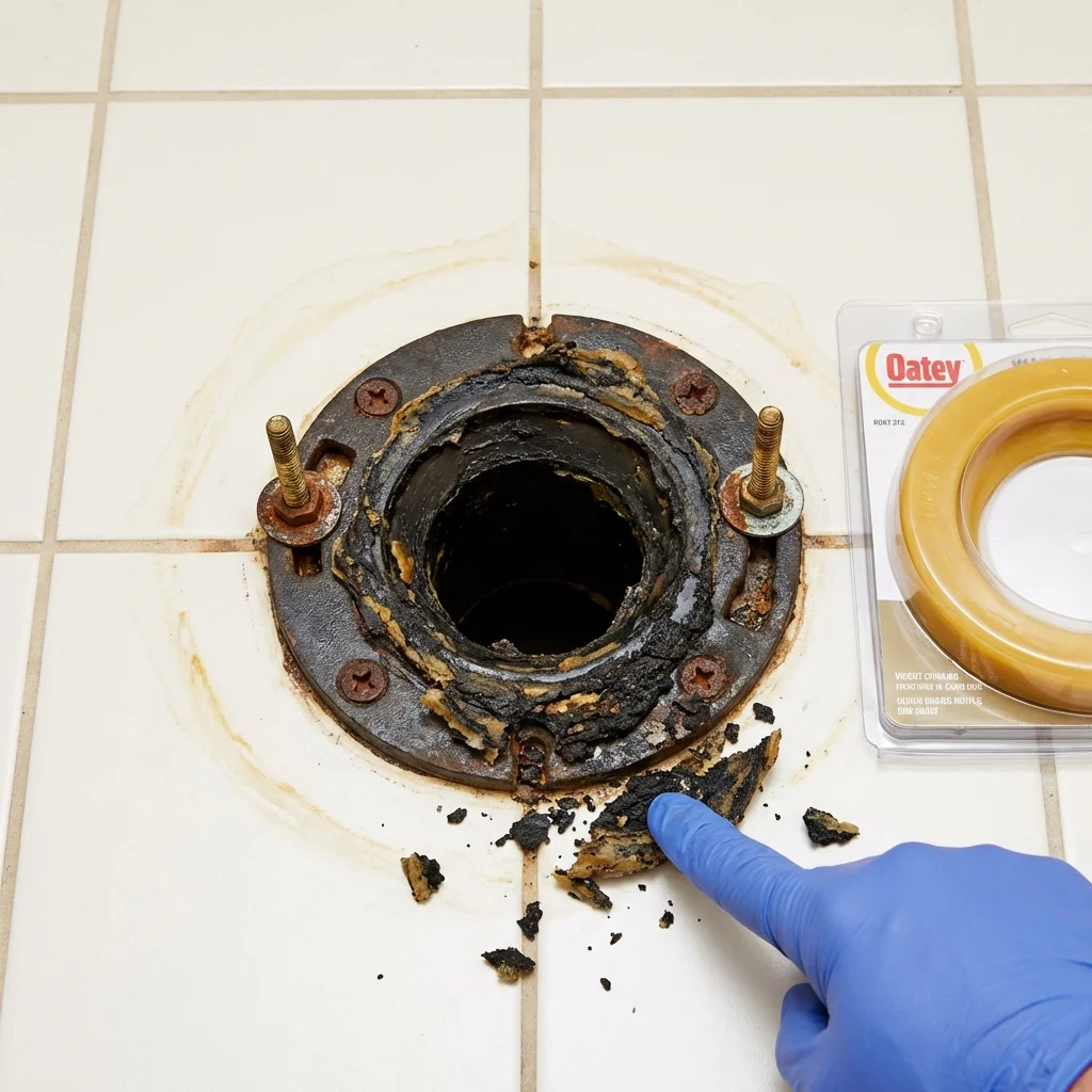 Failed wax ring showing water seepage at the base of a toilet in a Broadway, NC home
