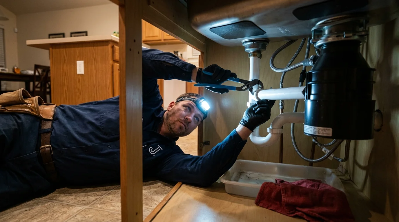 P-trap and supply line connections under a kitchen sink showing a common leak point in Broadway, NC
